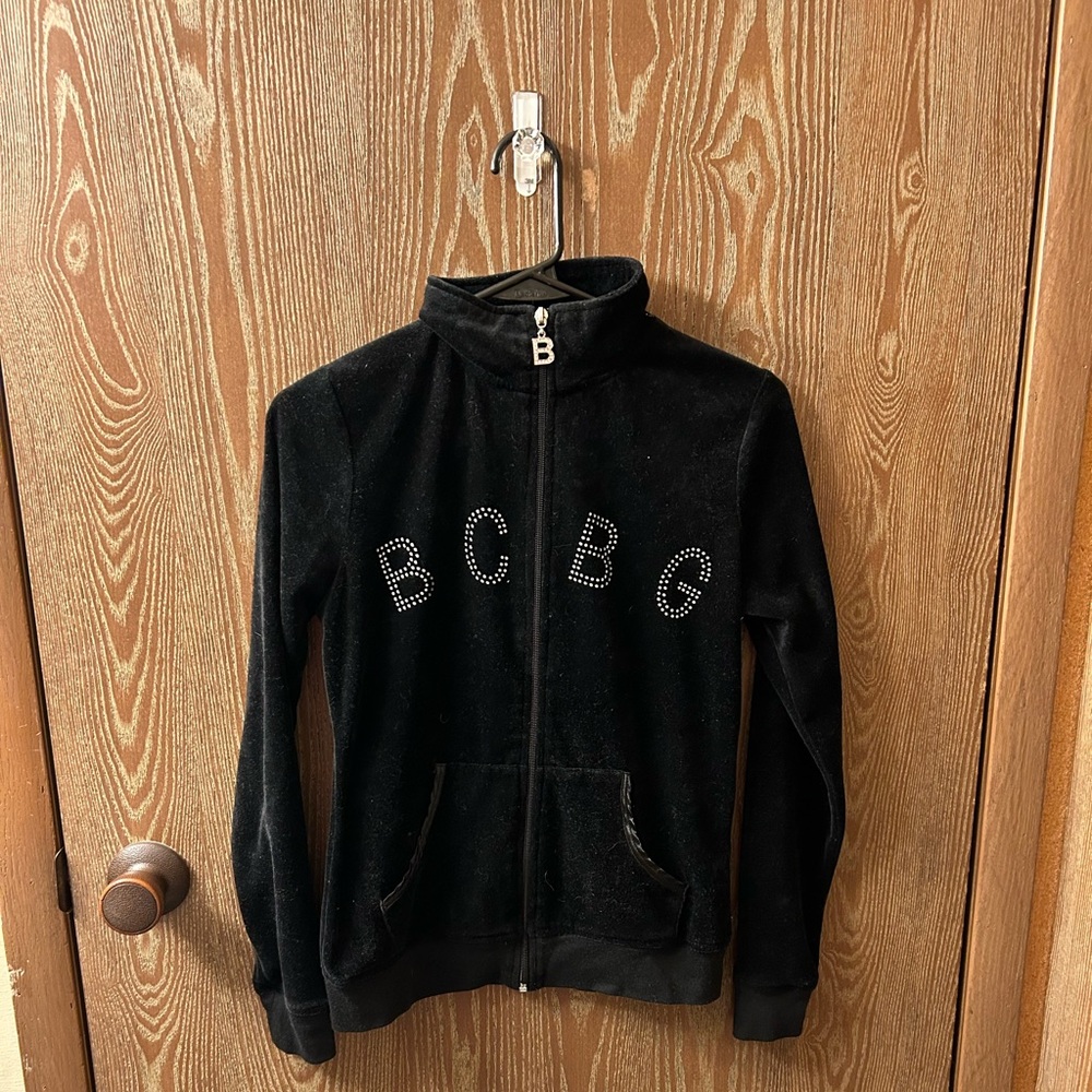 BCBGMaxAzria Black Velour Zip-Up Jacket with Rhinestone Logo